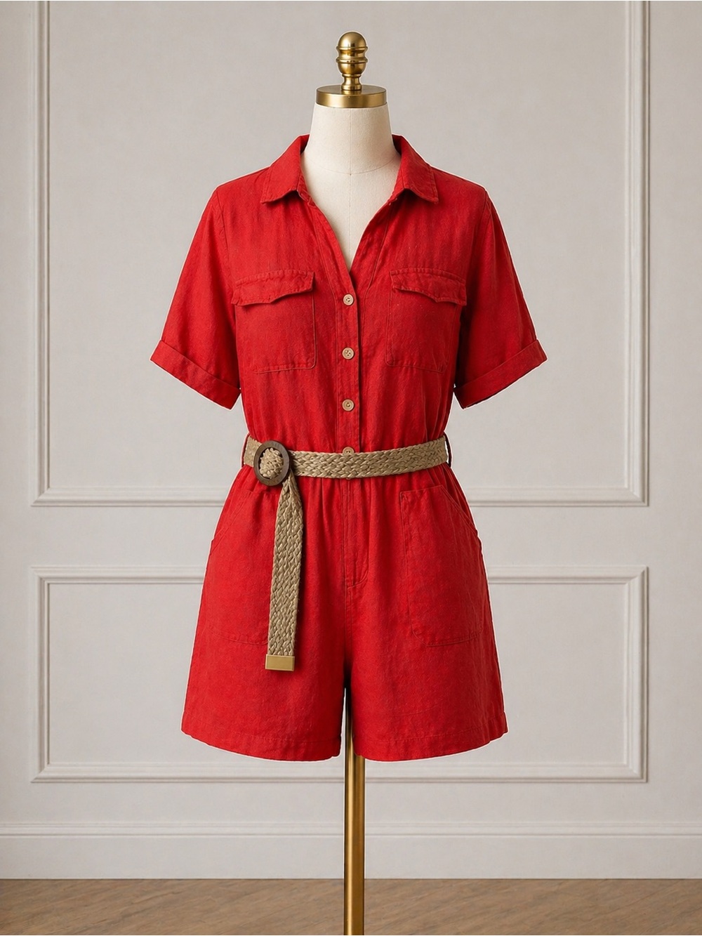 Red Short-Sleeve Button Romper with Belt